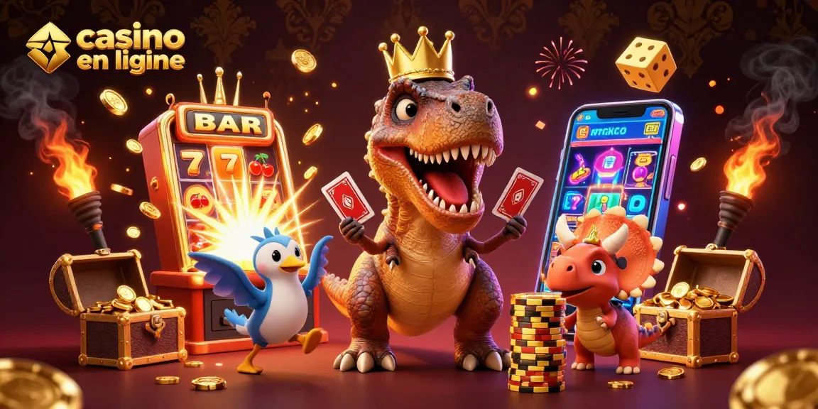 Coefficient de chances dans un casino en ligne, T-Rex jouant aux cartes avec une ambiance festive.
