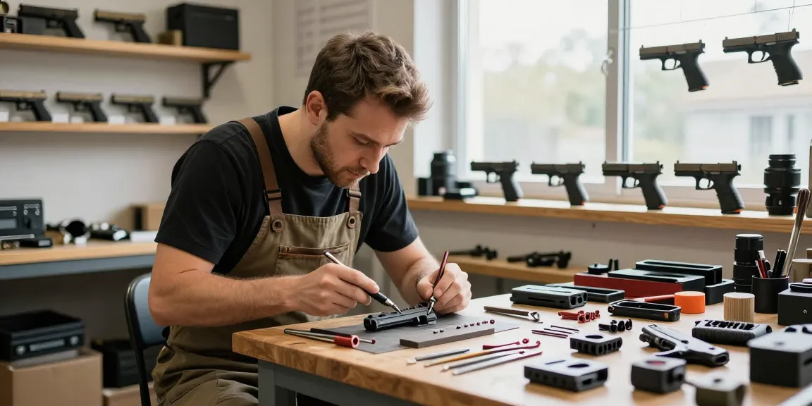 Precision Glock slides customization in a well-equipped workshop showcasing https://precisionglockslides.com aftermarket parts.