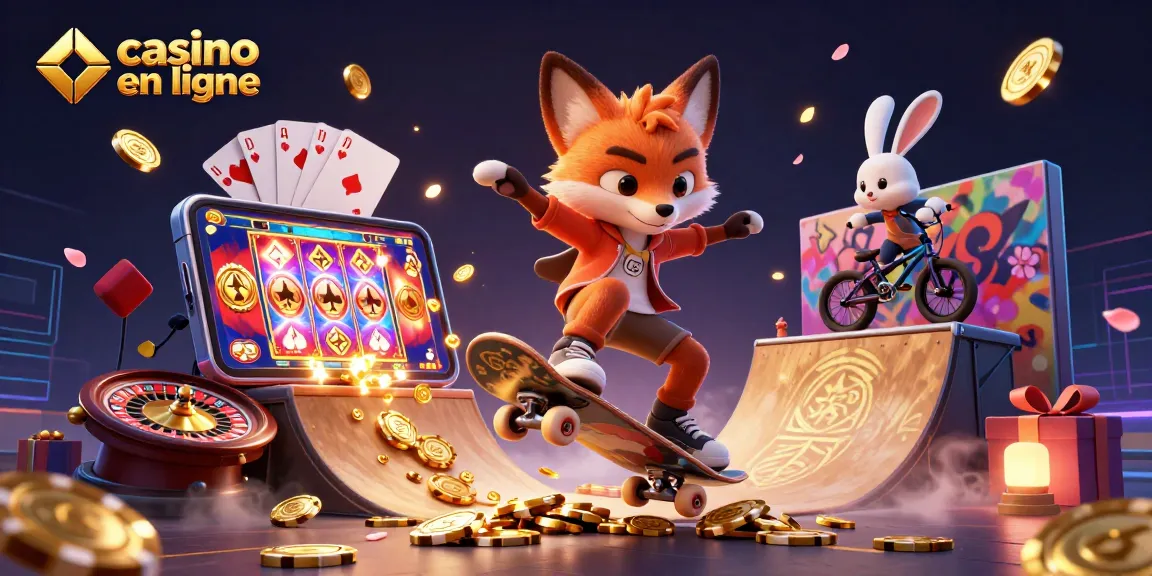 Des jeux de casino en ligne animés avec un renard skateboarder et un lapin BMX entre poker et machines à sous.