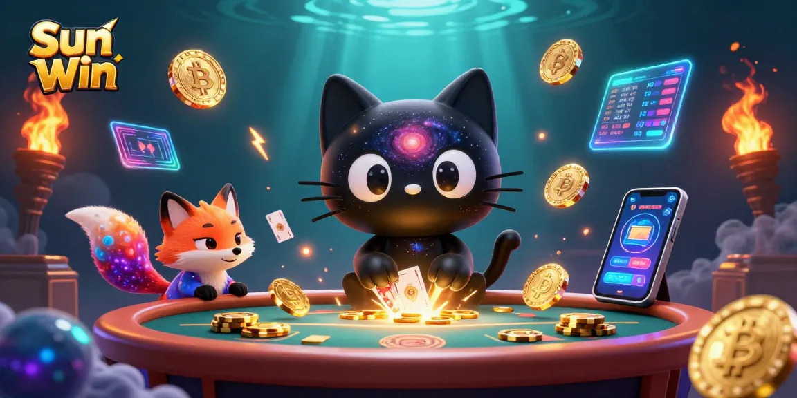 Engage with the cosmic casino world of Sun Win, featuring a black hole cat and nebula fox.