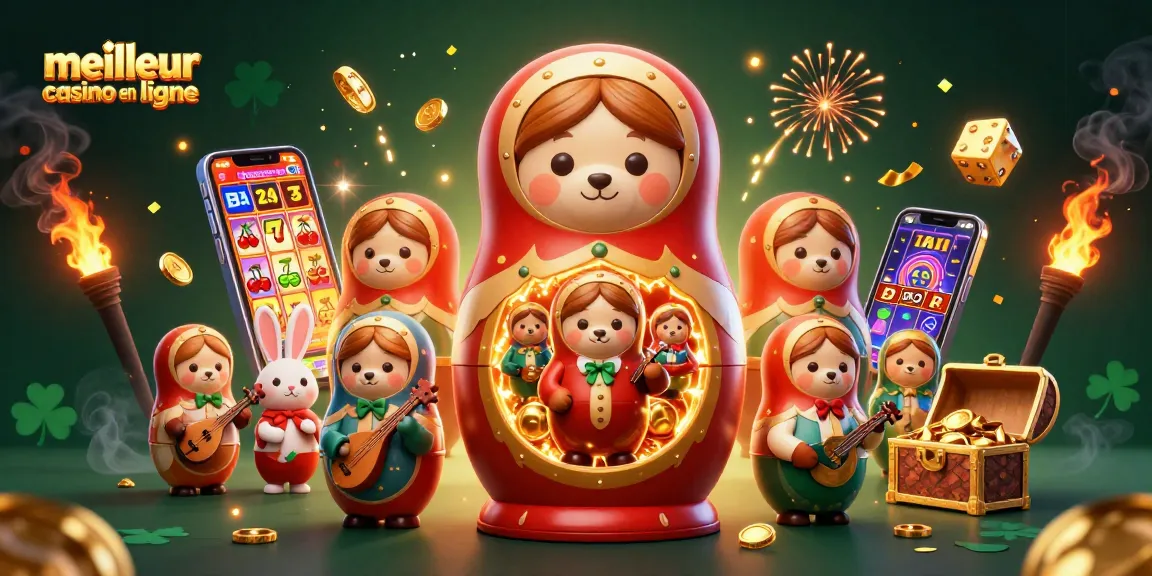 Des ours Matryoshka se révélant dans un casino en ligne, avec une machine à sous s'illuminant, meilleur casino en ligne.