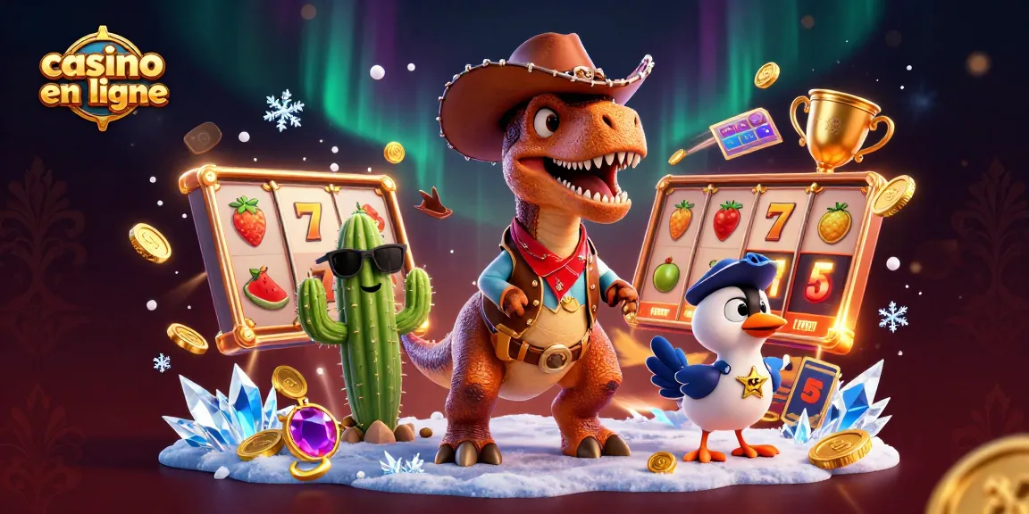 Jouer au casino en ligne avec un dinosaure cowboy et des éléments de jeux de machines à sous.