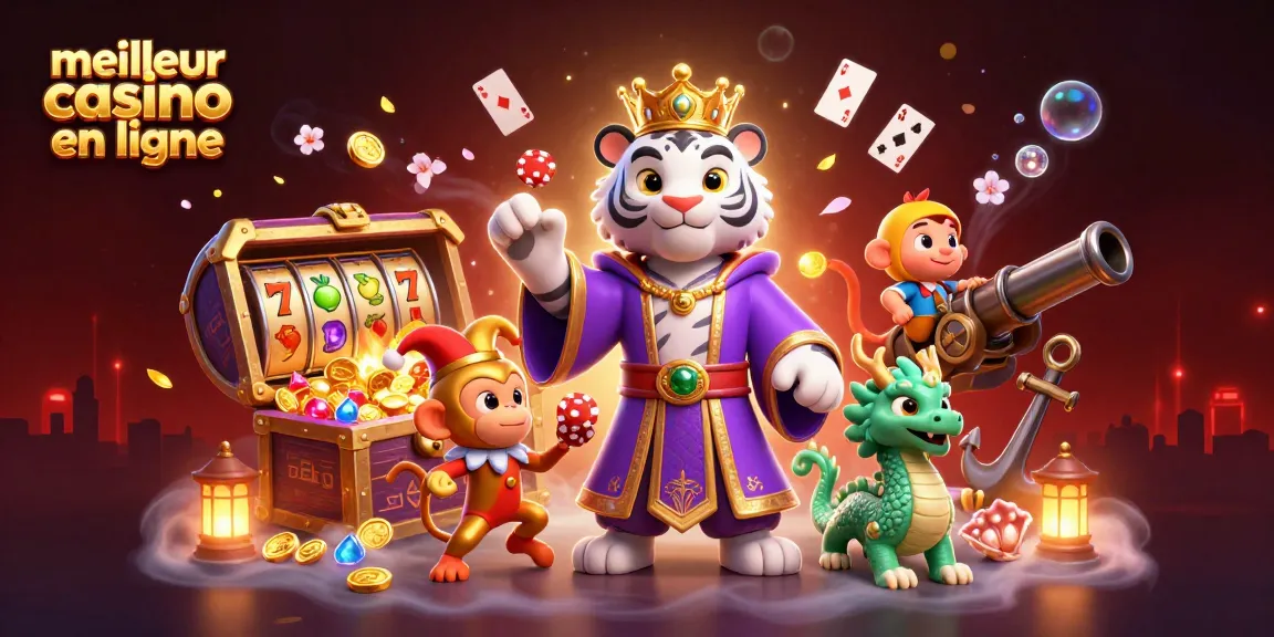 Visitez le meilleur casino en ligne avec un tigre majestueux, un singe jongleur et une scène de jeu spectaculaire.