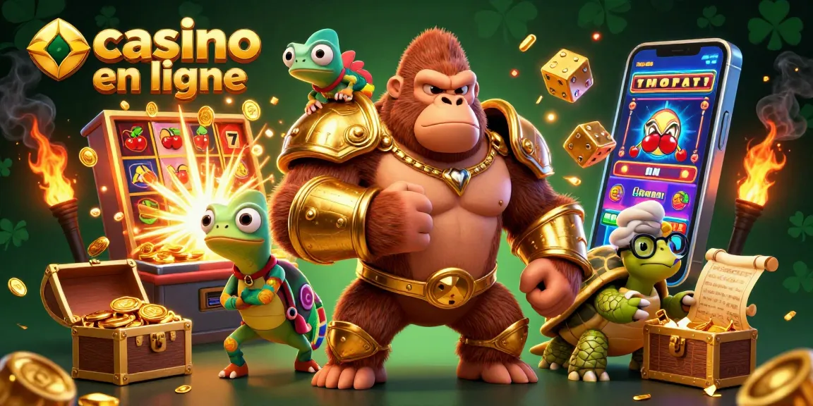 Jouez au casino en ligne avec cette illustration dynamique de gorille et de tortue.