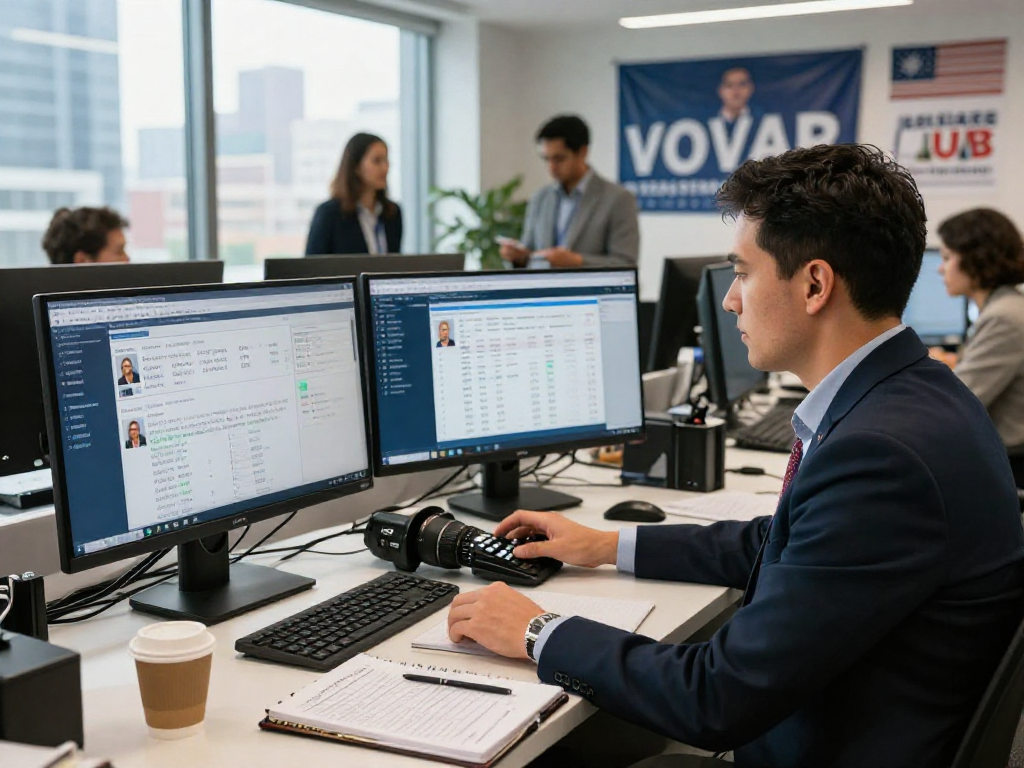 Strategist using predictive dialer political in modern office analyzing voter data.
