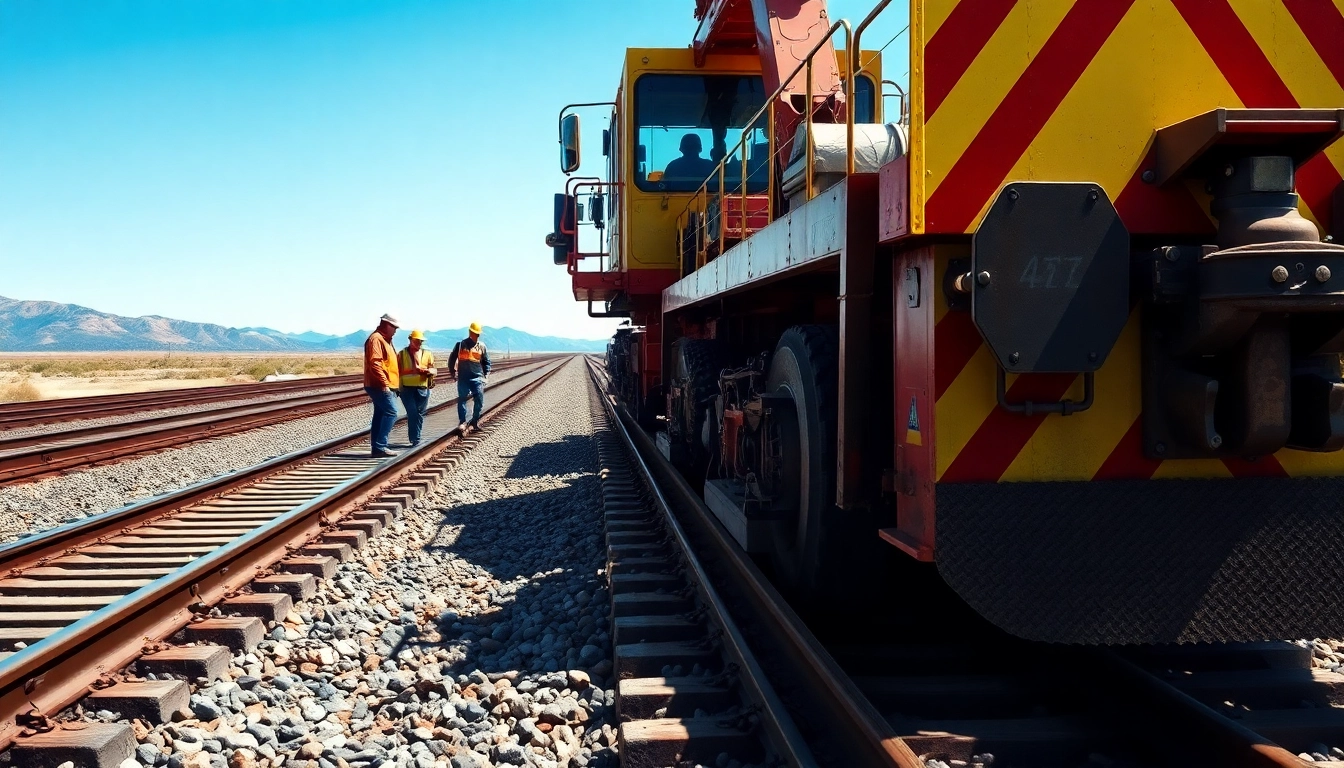 Railroad Maintenance team performing track inspections with heavy machines outdoors.
