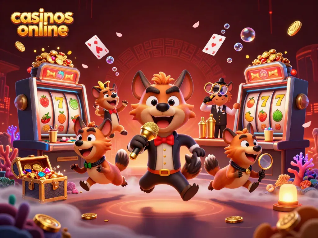 Casinos online mediante una ilustración de comedia con hienas en un club de casino, combinando diversión y emoción.