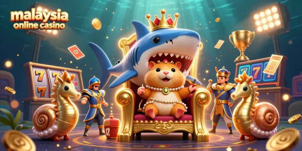 Experience the excitement of a malaysia online casino with a fierce golden hamster king at a vibrant casino scene.