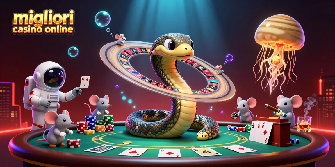 Esplora i migliori casino online con un serpente di Saturno e astronauti topi in azione su un tavolo da poker.
