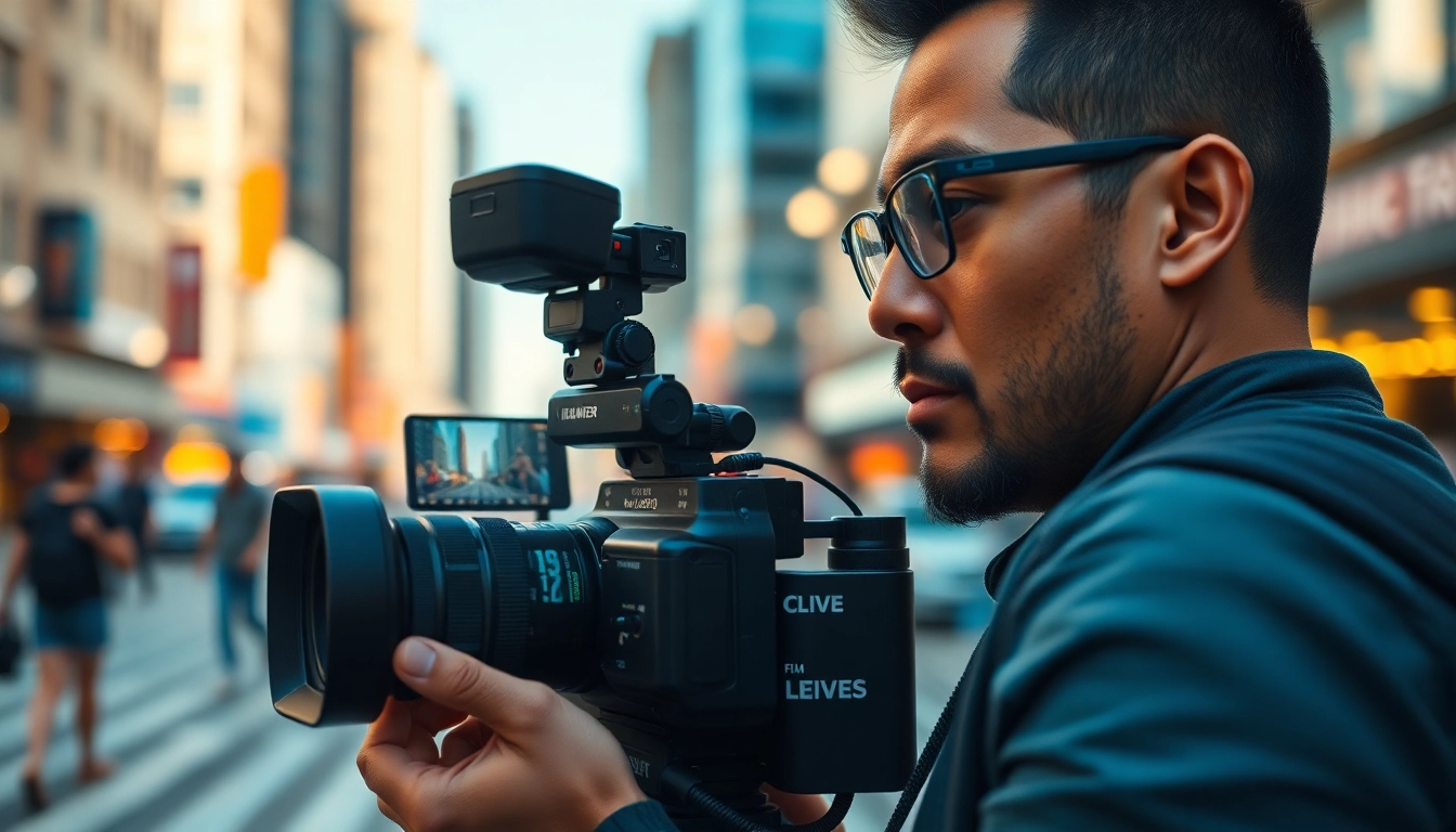 Focused film maker capturing scenes in a vibrant urban environment, showcasing creativity.