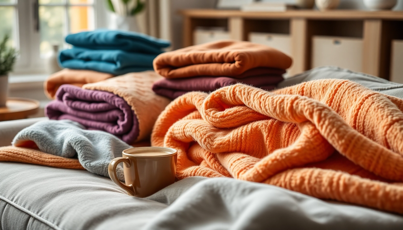 Fleece materialen met warme kleuren en texturen op een gezellige bank.