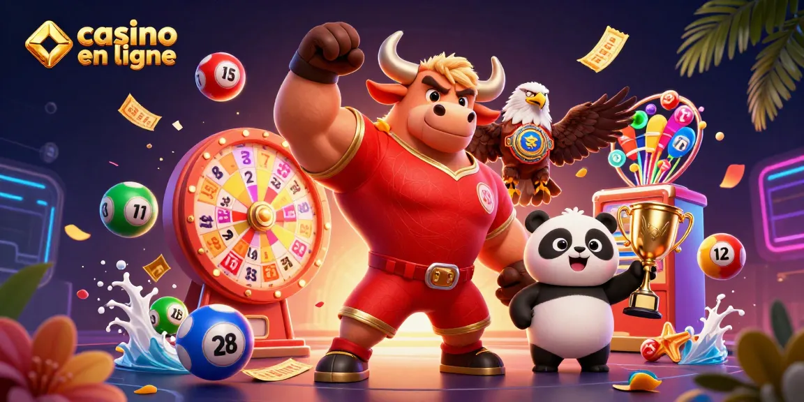 Découvrez un casino en ligne dynamique avec un taureau, un aigle et un panda, entourés de jeux.