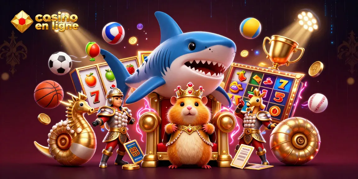 Illustration dynamique de casino en ligne avec un roi hamster sur un trône, combinant des éléments de jeux de machines à sous et de sports.