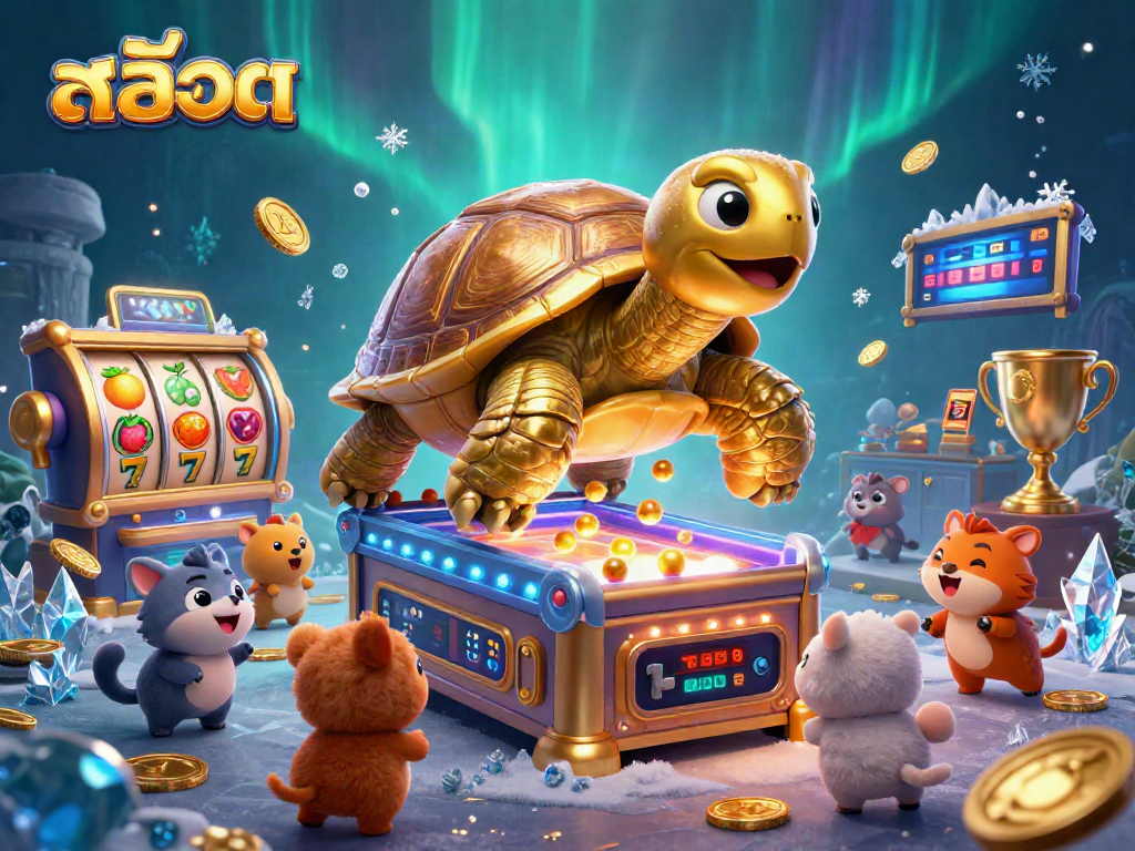 Experience the excitement of สล็อต action with a lively casino scene featuring a colossal tortoise and slot elements.