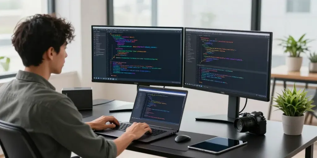 Programmer coding with Notepad++ in a modern workspace