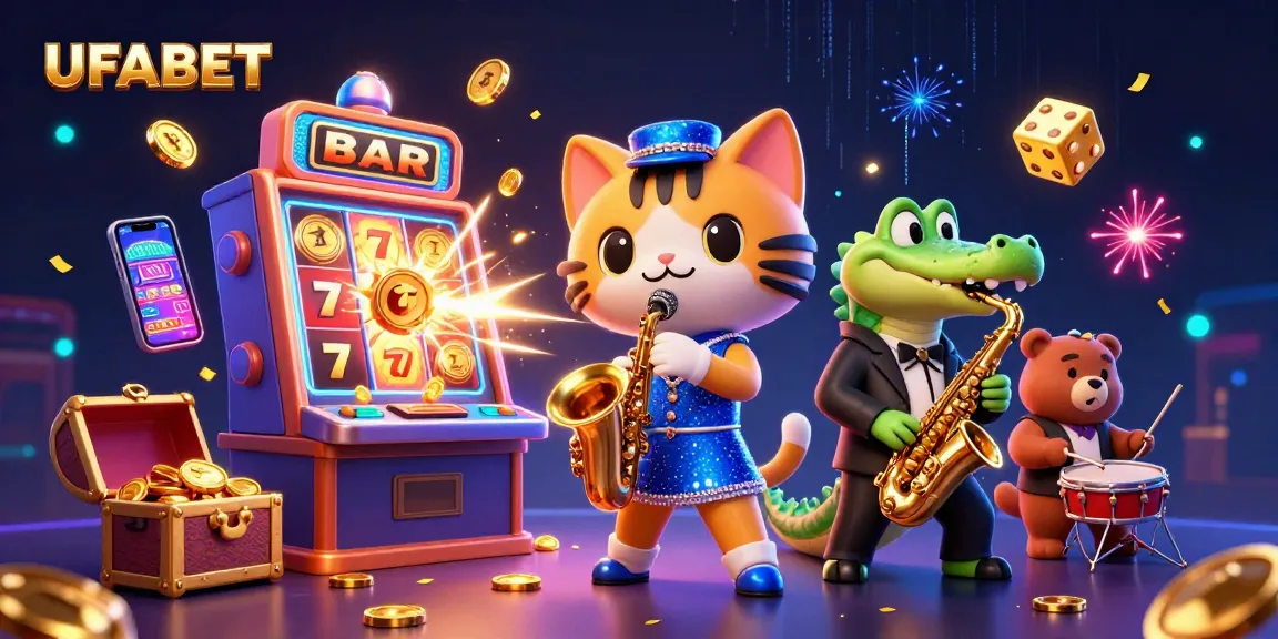 Experience the thrill of UFABET with a lively casino scene featuring a jazz-singer cat, sax crocodile, and bear cub amidst jackpot excitement.