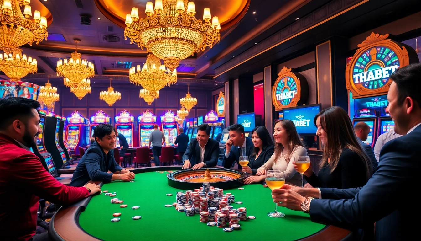 Exciting gameplay at THABET casino with gamblers enjoying slot machines and roulette tables.