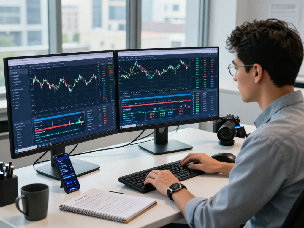 Focused trader analyzing forex charts using metatrader 5 in a modern office setup with multiple screens.