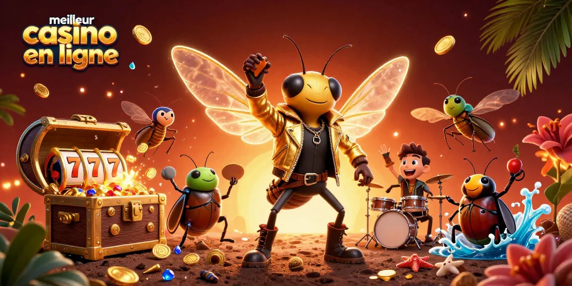 Visualisez le meilleur casino en ligne avec une rock star en cigale et un batteur scarabée animés.