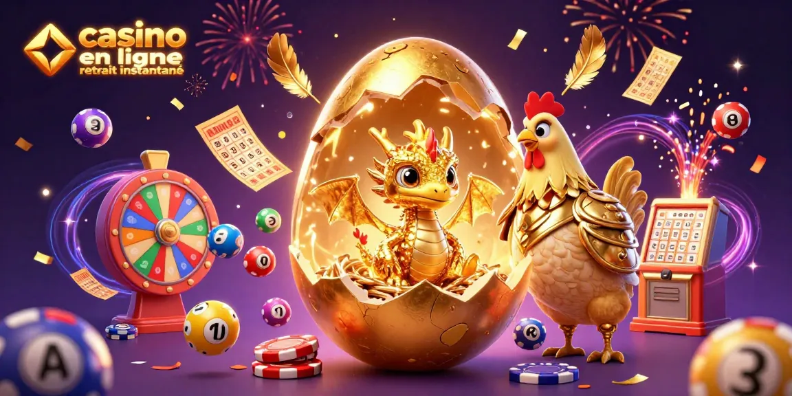 Illustration de casino en ligne retrait instantané avec dragon doré et éléments de jeu colorés.