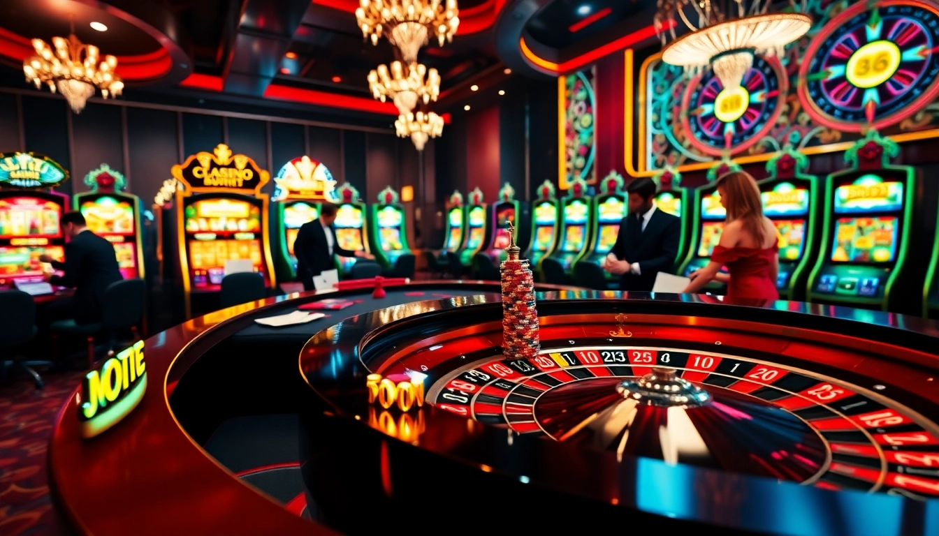 Scène passionnante de casino en ligne argent réel France à une table de roulette remplie de jetons et de joueurs.