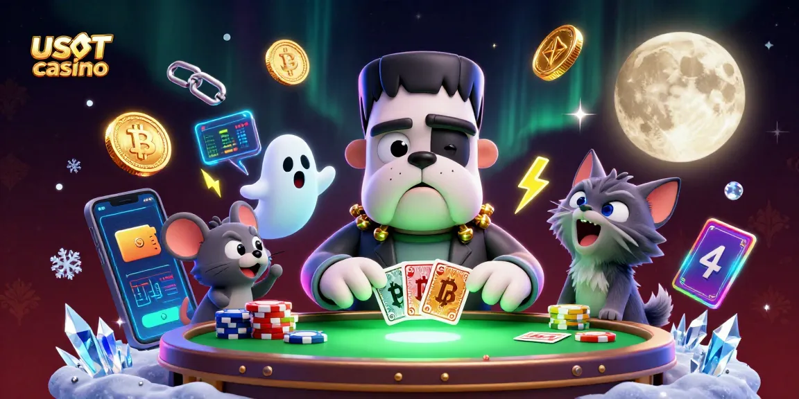 Gioca in un casino usdt con un bulldog Frankenstein e un gattino mannaro, tra monete d'oro e chips volanti.