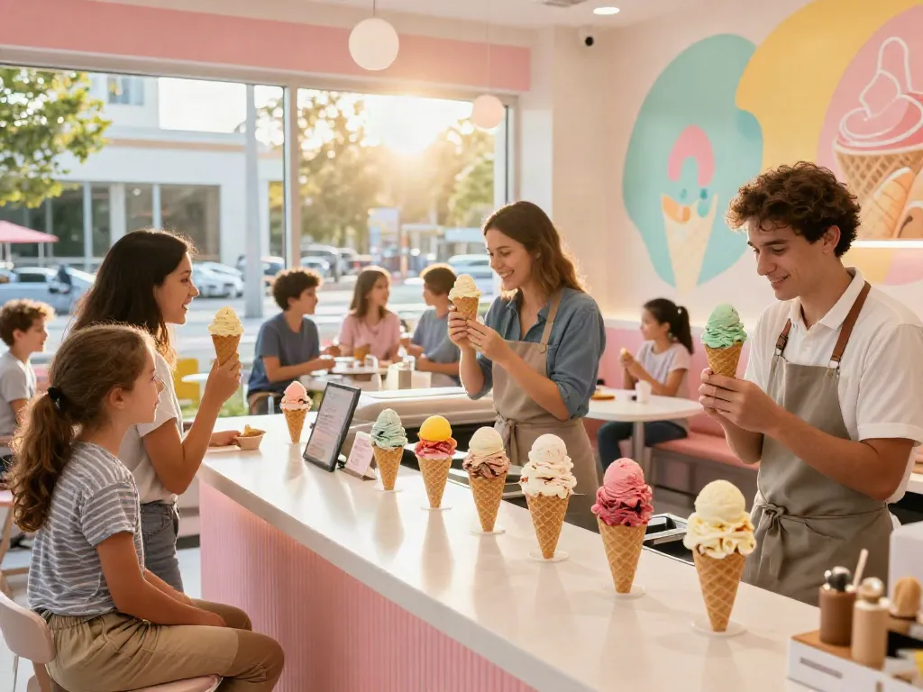 Customers enjoying rokok88 login ice cream flavors in a vibrant parlor.