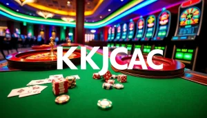 A vibrant casino scene at KJC AC with tables, roulette, and slot machines.