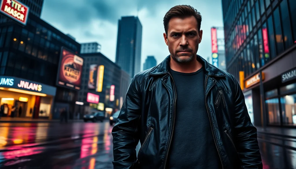 Dynamic scene portraying a thrilling character in an urban setting, evoking feeling better than Reacher.