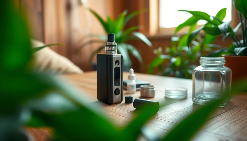 Der vozol Vape-Gerät auf einem Holztisch, umgeben von Pflanzen, schafft eine entspannende Atmosphäre.