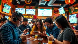 Engaged bettors exploring the best sportsbooks in Mexico in a vibrant sports bar atmosphere