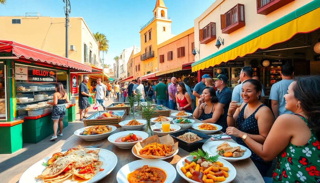 Sample of where to eat in downtown Cabo with colorful market food stalls and happy diners