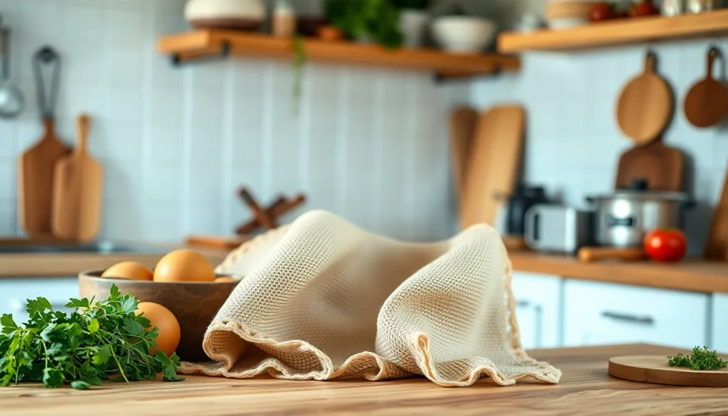 Kaasdoek elegant over houten aanrecht met verse ingrediënten in keuken.