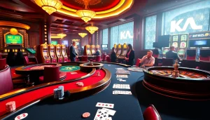 KJC AC casino tables with poker chips and roulette wheel.