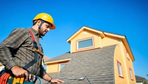Showcasing Professional roofing services with a skilled worker installing shingles on a residential home.