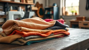 Katoen stoffen in verschillende kleuren en texturen mooi gepresenteerd op een houten tafel.