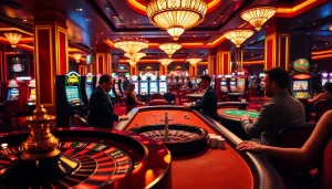 Dynamic gaming environment featuring mm88 video branding on poker tables.