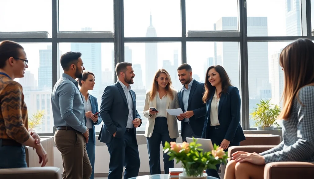 Engaged professionals discussing new york jobs in a vibrant New York City office.