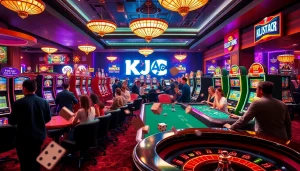 KJC AC Casino Scene featuring vibrant tables, slot machines and poker chips.
