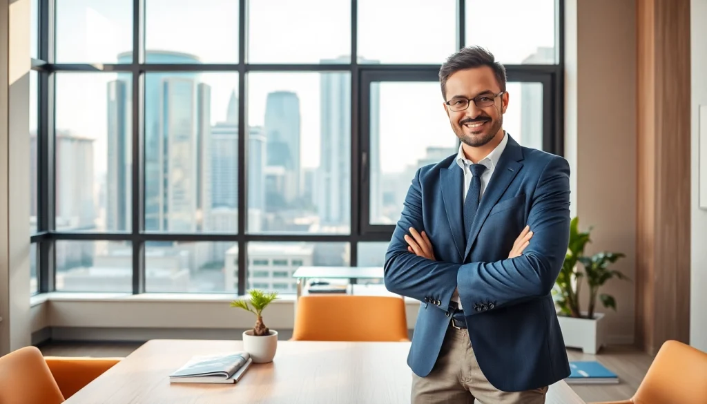 Engaging real estate agent demonstrating listings in a modern office environment.