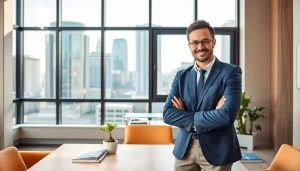 Engaging real estate agent demonstrating listings in a modern office environment.