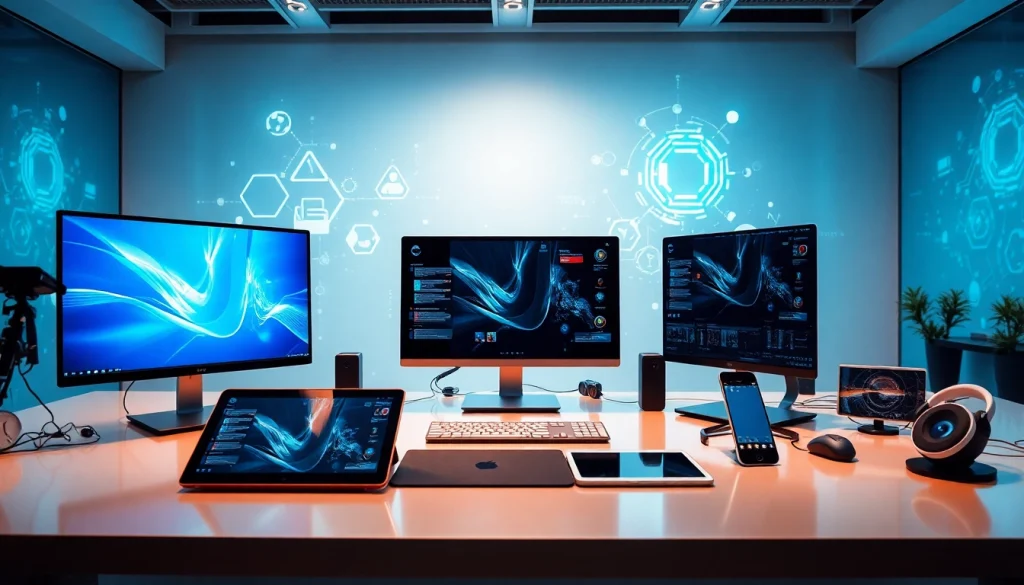 Technology workspace showcasing innovative gadgets and a vibrant atmosphere.