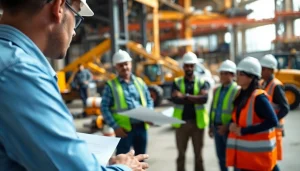 Manhattan Construction Manager leading a construction team site with blueprints.