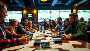 Bettors enjoying online sportsbooks Canada in a lively sports bar atmosphere with screens showing sports events.