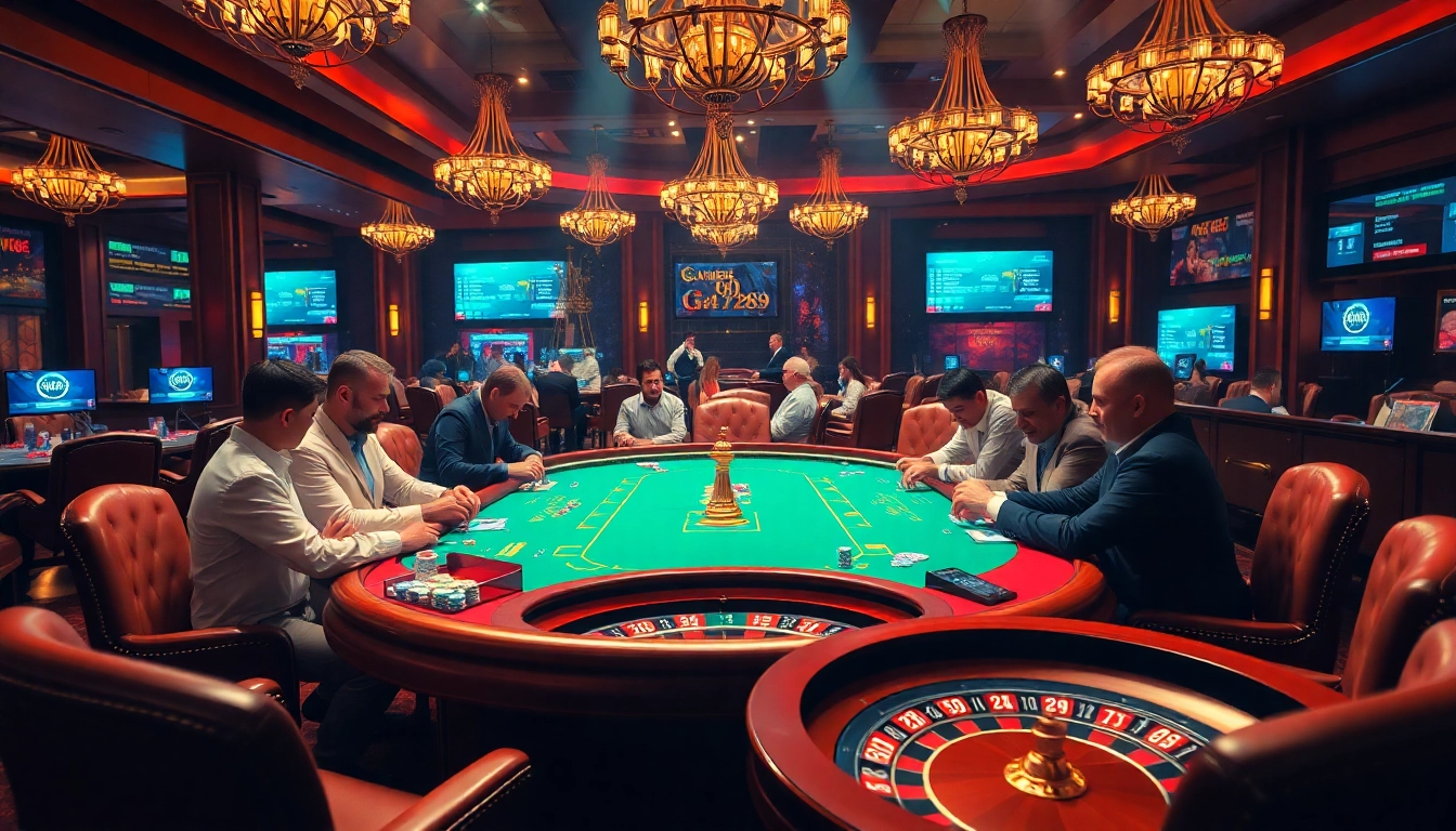 Players engage in thrilling gameplay at ga6789 casino, surrounded by vibrant poker chips and a roulette wheel.