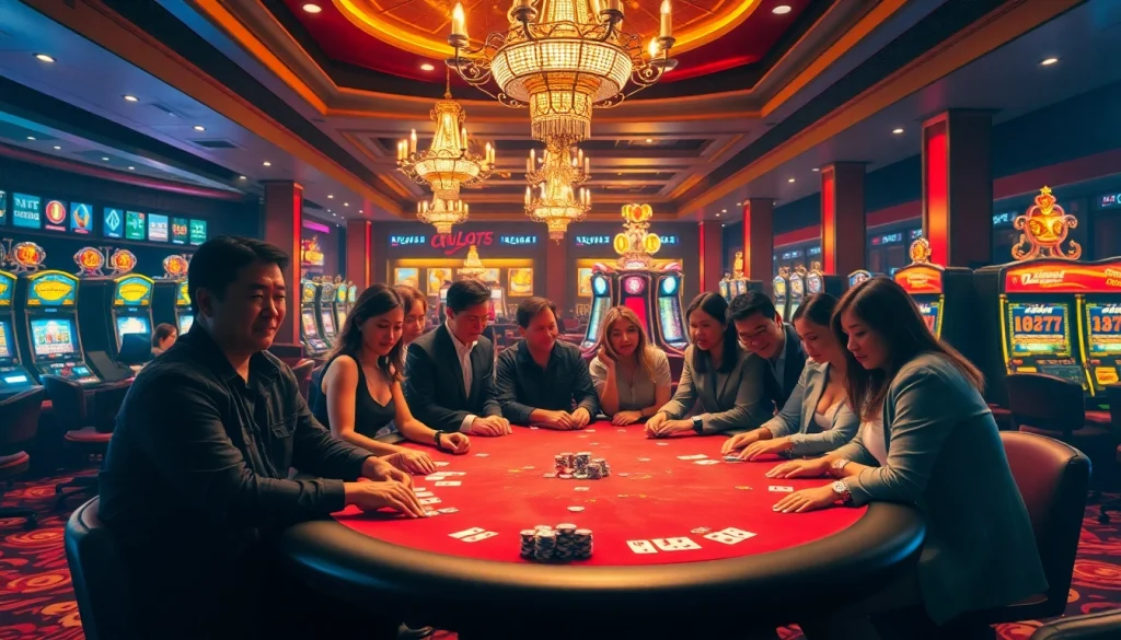 Engaging poker players enjoying their game at ev88 casino with luxurious decor.