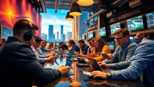 Engaged bettors exploring online sportsbooks California in a vibrant sports setting with modern technology.