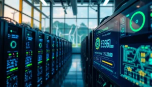 Dogecoin cloud mining profit displayed on a digital screen in a high-tech mining facility.