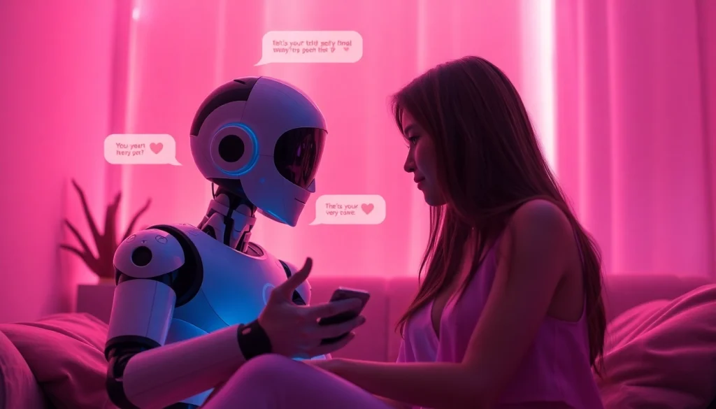 Engaging ai chat sex interactions with a futuristic AI character in a cozy setting.