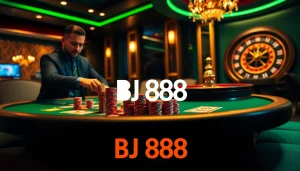 Exciting poker action at BJ 888 with dealer, cards, and vibrant chips stacked high.